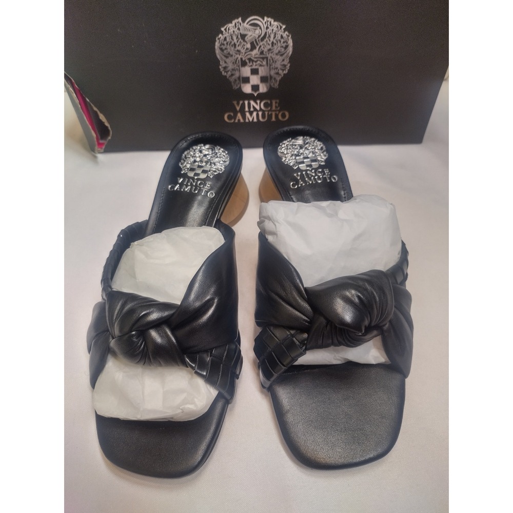 Vince Camuto Leana Black Leather Knotted Slide Sandals Wood Round Heel 5.5M - Picture 2 of 8